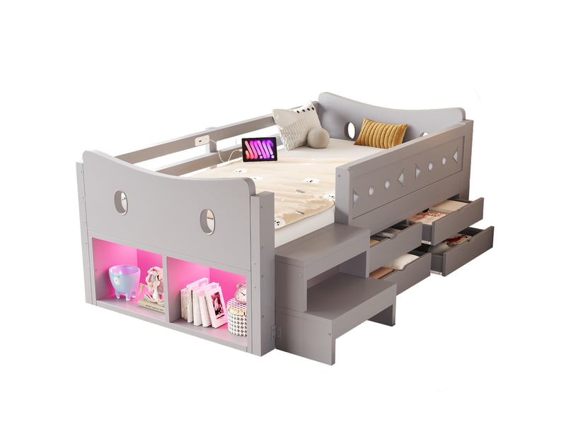  Lit enfant 90 × 200 cm 1 place sécurisé avec 4 tiroirs, led, usb et type-c, sans matelas, en bois, gris  - Conforama A