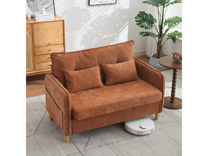  Canapé droit 2 places avec poches latérales  - accoudoirs et coussins, chenille marron, 127 cm  - Conforama B