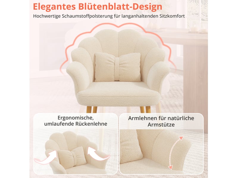  Fauteuil rembourré à dossier pétale avec accoudoirs et coussin nœud, pieds en métal doré, tissu peluche beige  - Conforama D