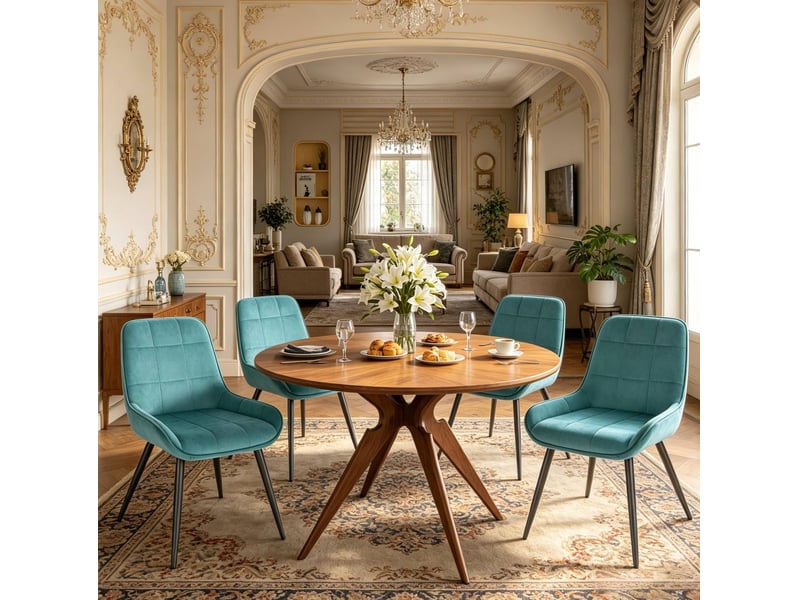  Chaises de salle à manger 4 pièces, dossier incurvé, velours et métal turquoise  - Conforama B