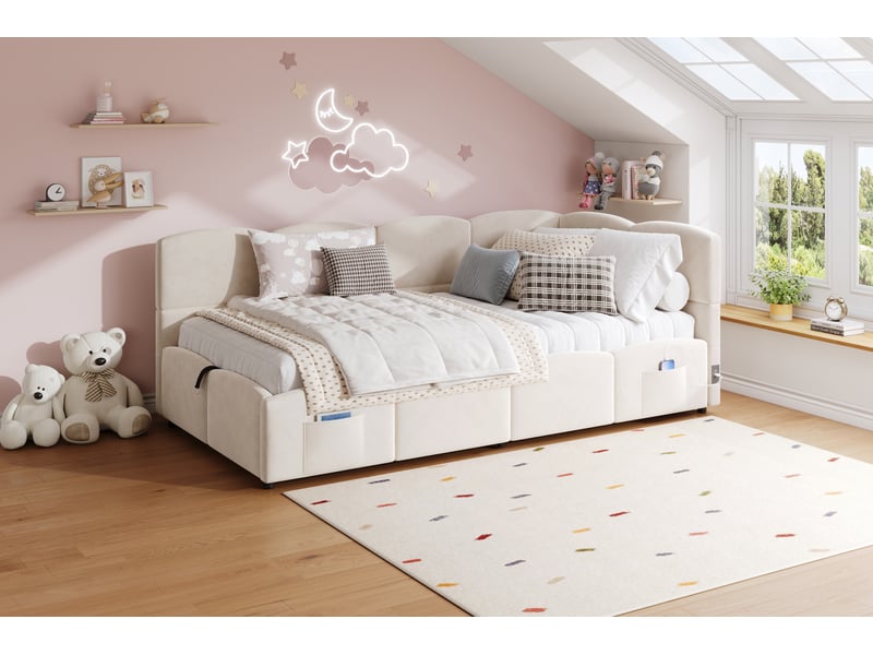  Lit coffre enfant 90x200 cm en velours beige avec usb et poches latérales  - Conforama W