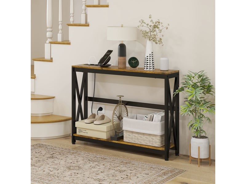 Console d'entrée style industriel avec prises électriques et usb, bois et acier, 100 x 24 x 75 cm, marron  - Conforama D