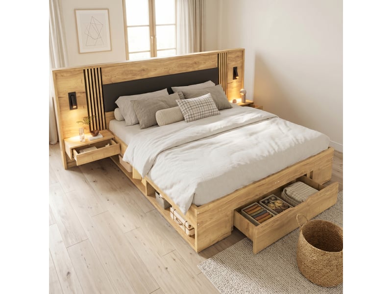 Lit double avec rangement 180x200 cm en bois naturel, 2 tables de chevet, liseuses et tiroirs - Conforama B