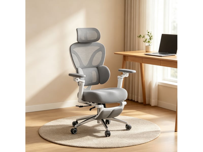  Fauteuil de bureau ergonomique gris avec appui-tête et soutien lombaire réglables, repose-pieds et roulettes  - Conforama B