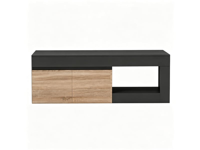  Meuble tv noir et bois clair 140 cm, 2 portes et étagère ouverte, jusqu'à 60 pouces, rangement pratique  - Conforama A