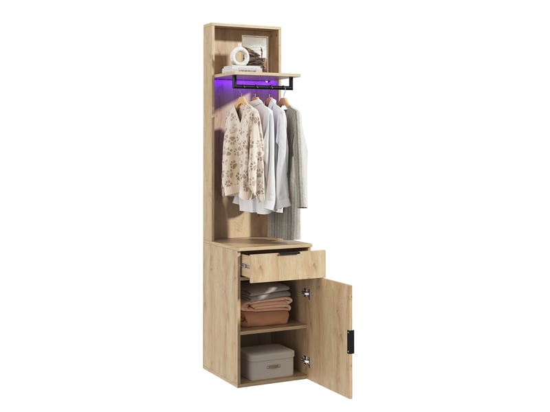  Meuble d’entrée dressing 45 x 47 x 200 cm, led, tiroir à bijoux, tringle et 2 compartiments, bois naturel ABC - Conforama A
