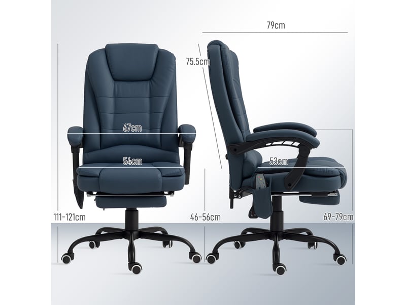  Fauteuil de bureau avec 7 points de massage et repose-pieds, cuir pu et structure en acier, 67 x 67 x 111-121 cm, bleu  - Conforama E