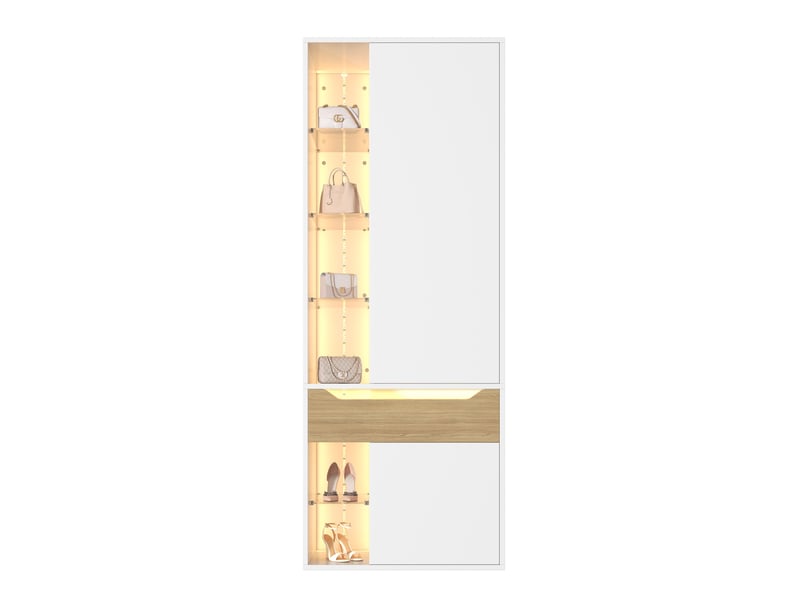 Armoire dressing tcqpz 75 x 50 x 200 cm avec vitrine en verre led, penderie, tiroir et 6 niches ouvertes, mdf blanc - Conforama A