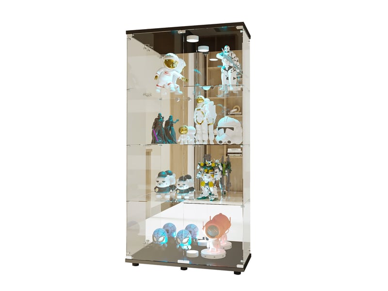  Vitrine d'exposition - 80.5x36.5x164cm - cabinet 4 niveaux avec led et miroir, double porte verrouillable - noir  - Conforama A