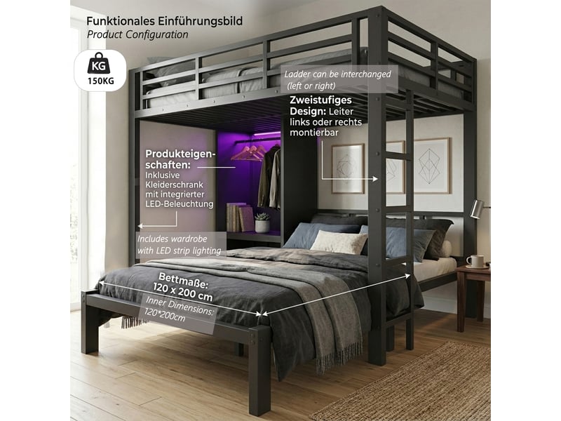  Lit superposé 2 places 120×200 cm avec armoire, led et échelle droite - okmyhome- noir, sans matelas  - Conforama E