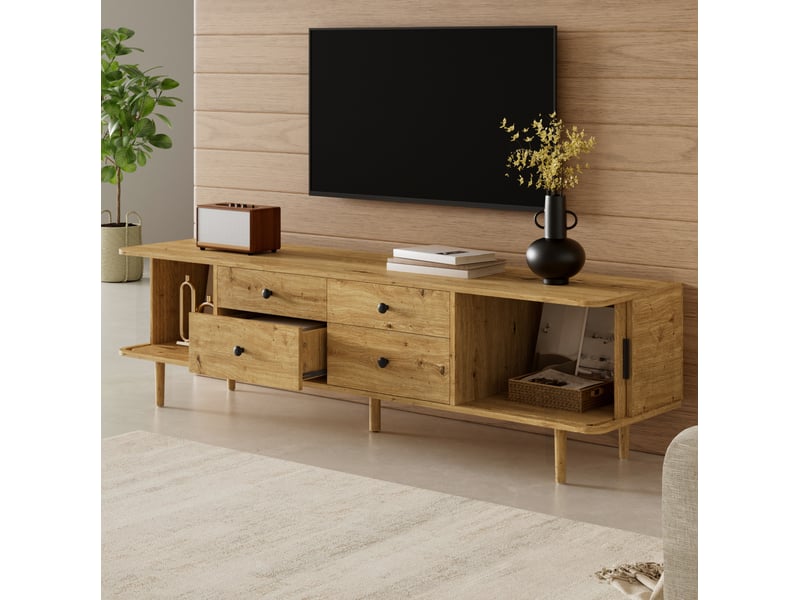  Meuble tv modenvie 165 x 40 x 46 cm 4 tiroirs 2 portes coulissantes mdf aspect bois  - Conforama D