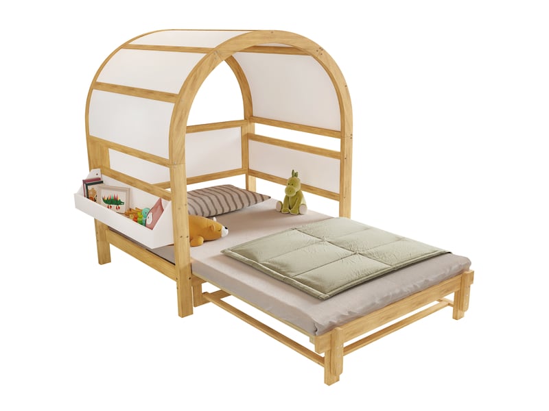  Lit maison enfant 140x200cm blanc et naturel, structure pin et mdf, couchage coulissant et toit  - Conforama A