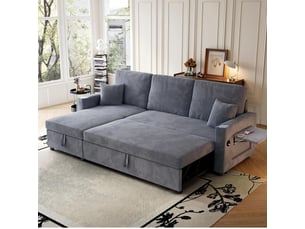 Canapé d'angle gauche convertible <strong></strong> <strong>OMNIGLINT TRADING LTD</strong> 3 places Velours côtelé gris avec coffre de rangement