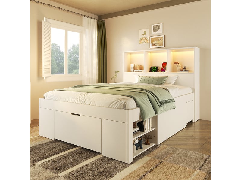 Lit simple ado 90x200 cm - lit moderne avec rangement, tiroirs et table de chevet mobile, led et ports usb-c, blanc - sans matelas  - Conforama D