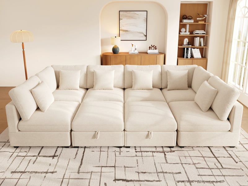  Canapé d'angle modulable,8 places, inclut 2 poufs mobiles avec coffre de rangement,292 × 220 × 81 cm,beige  - Conforama B