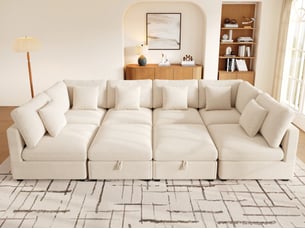 Canapé d'angle droit fixe <strong>BGSRYAO</strong> <strong></strong> 8 places Tissu beige avec coffre de rangement