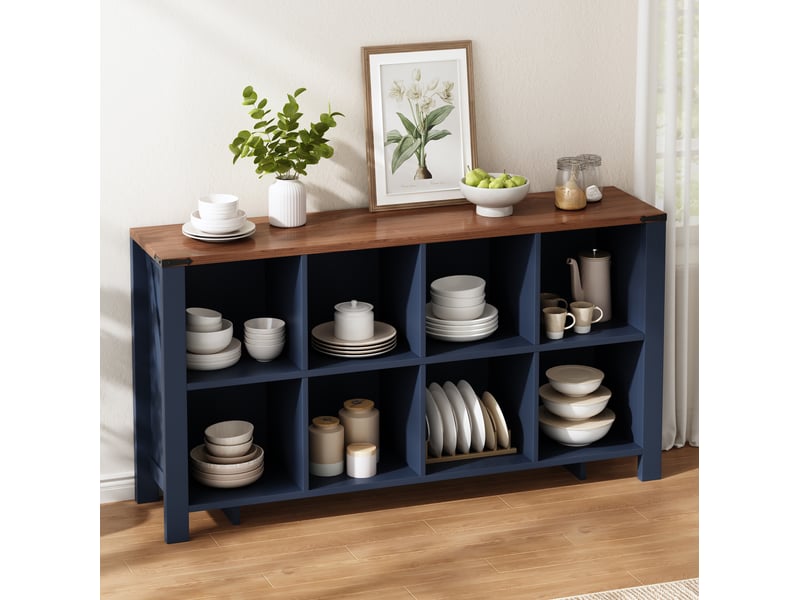  Buffet de rangement bleu meuble organisateur horizontal 8 compartiments 140x34x75 cm  - Conforama R