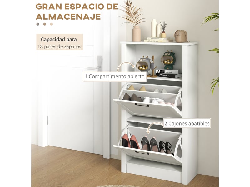 Meuble à chaussures étroit à 2 portes, étagères réglables et compartiment ouvert pour 10 paires de chaussures, 58 x 24 x 105 cm, blanc - Conforama E