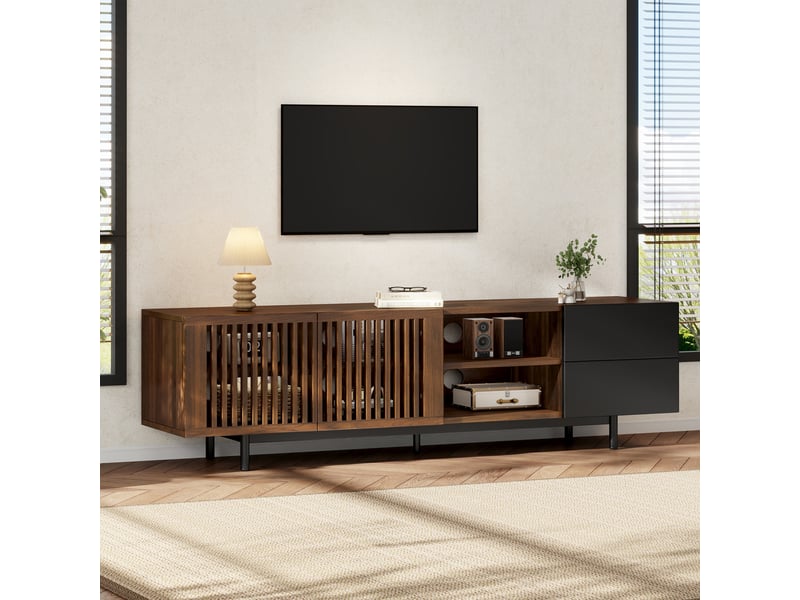  Meuble tv 160 cm pour écran jusqu’à 60 pouces, 2 portes à lattes, 2 tiroirs, niches ouvertes, passe-câbles, mdf effet noyer et noir, pour salon  - Conforama C