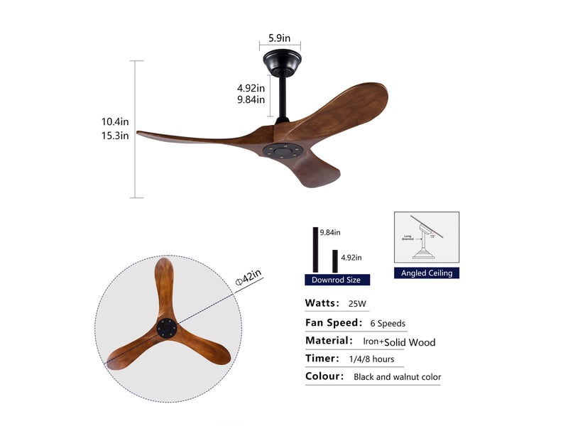  Ventilateur de plafond 107 cm – noir et noyer foncé – 3 pales en bois, télécommande et 6 vitesses réversibles  - Conforama C