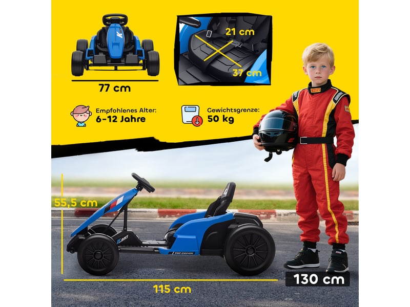  Kart électrique 24 v, mode drift, siège réglable, harnais de sécurité 5 points, fonction musique, 6-12 ans, bleu  - Conforama E