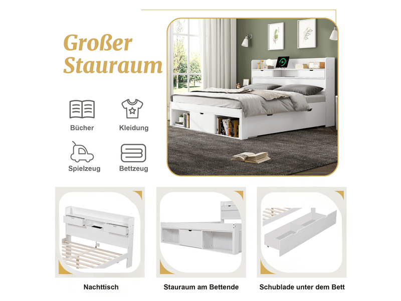  Lit double 140x190 multifonction blanc avec tiroirs de rangement et port usb - bois de pin  - Conforama E