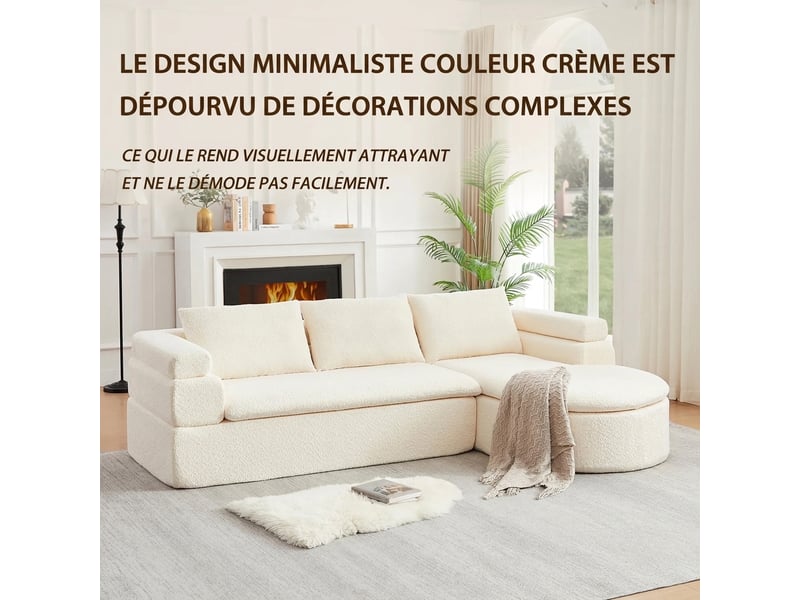  Canapé d'angle avec méridienne en chenille 3 places beige crème - dossier épais et forme arrondie  - Conforama W