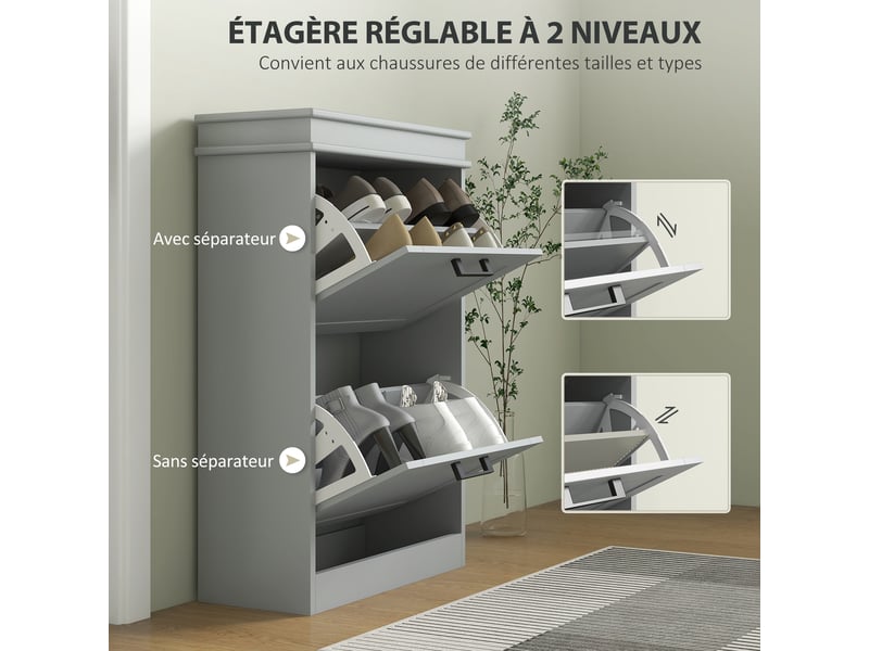  Meuble à chaussures, 2 portes abattants, étagères réglables, pour entrée, 54 x 24 x 82,5 cm, couloir, gris  - Conforama E