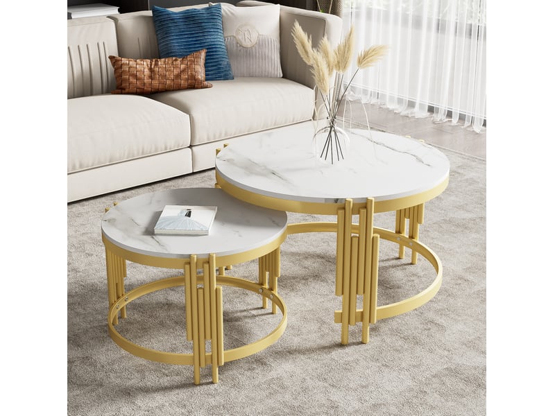 Lot de 2 tables basses rondes gigognes en mdf effet marbre blanc et métal doré - Conforama C