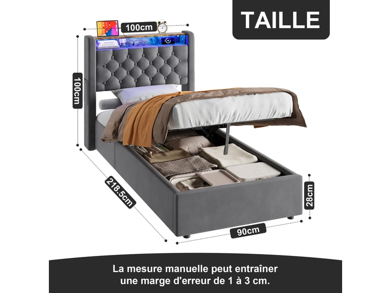  Lit coffre simple 90 x 200 cm en velours gris avec led, usb, type-c et étagère, sans matelas  - Conforama D
