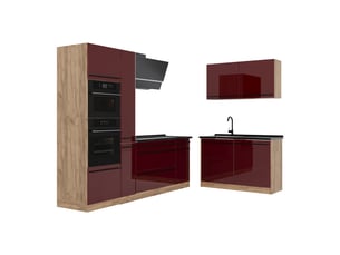 Vicco cuisine en angle, rouge brillantchêne doré, 230 x 120 cm plan de travail anthracite