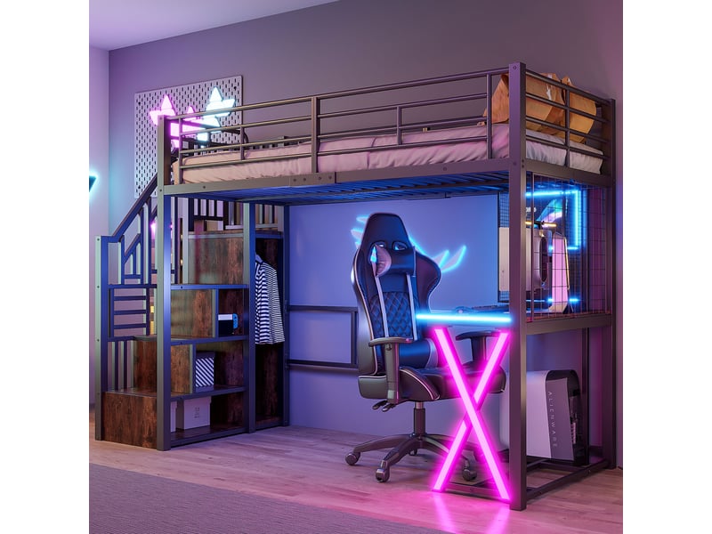  Lit mezzanine 90x200 cm avec éclairage led et échelle de rangement, lit enfant avec bureau et armoire et étagères, noir, métal  - Conforama C