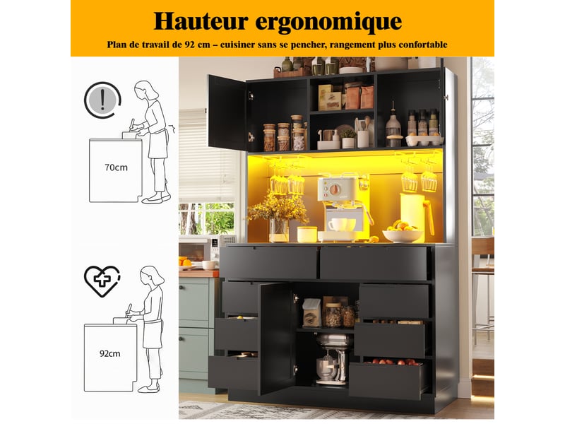  Meuble de cuisine noir avec éclairage à del, 8 tiroirs et étagères réglables, 120 × 40 × 183,5 cm  - Conforama W