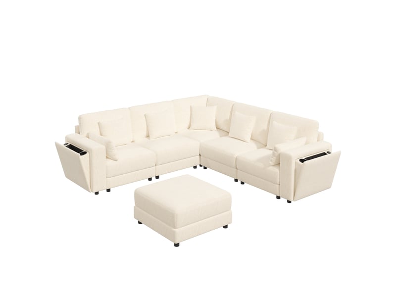  Canapé d'angle modulable 6 places 215x215x82 cm en lu avec usbusb-c, porte-gobelets, rangements intégrés, 7 coussins, chenille - beige Bliss Lite - Conforama A