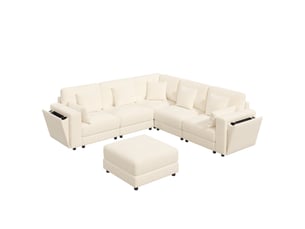 Canapé d'angle modulable 6 places 215x215x82 cm en lu avec usbusb-c, porte-gobelets, rangements intégrés, 7 coussins, chenille - beige