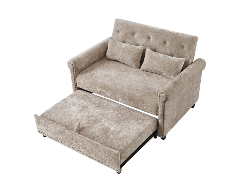 Canapé droit convertible 2 places en tissu taupe, dossier réglable 3 positions et couchage d'appoint 170x98 cm - Conforama A