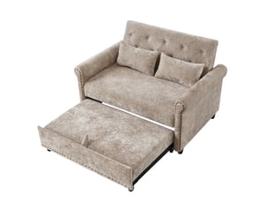 Canapé droit convertible 2 places en tissu taupe, dossier réglable 3 positions et couchage d'appoint 170x98 cm