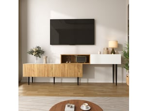 Meuble tv modulable 130-220 cm – blanc et bois – rangement ajustable avec passe-câbles