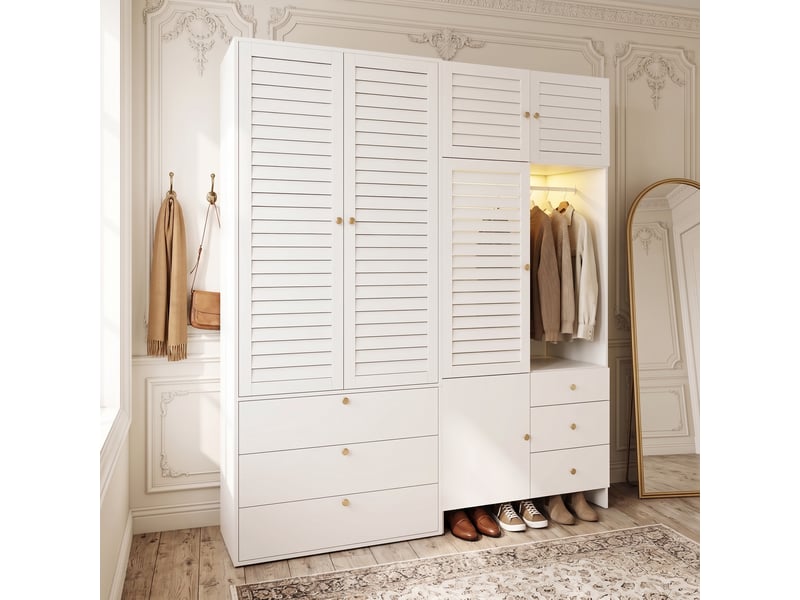  Armoire 180 x 50 x 200 cm avec panier à linge, éclairage led, 2 penderies et rangements, meuble multifonction à portes battantes pour chambre ou dressing - blanc OPULERANE TRADING LTD - Conforama E