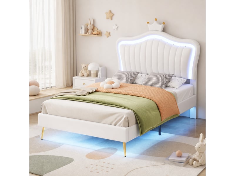  Lit enfant 90x200 cm blanc avec led, sommier à lattes et tête de lit couronne  - Conforama B