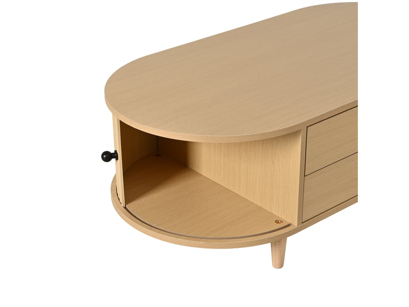  Table basse ovale 100x50x36 cm bois clair, portes tambour, 2 tiroirs et pieds en bois massif Fay Lum - Conforama E