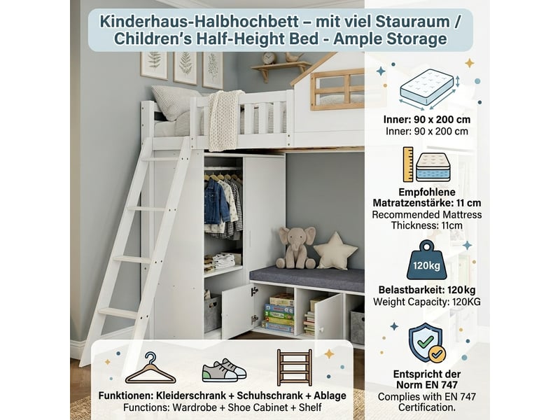 Lit mezzanine enfant 90×200 cm avec maison et échelle - okmyhome- armoire, étagères et banc, sans matelas  - Conforama E