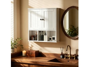 Meuble mural de salle de bains blanc en mdf, 2 portes et 3 niches ouvertes, style campagne, gain de place