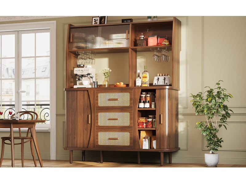  Buffet cuisine haut 174x140 cm, armoire rangement avec portes coulissantes verre et 3 tiroirs, design moderne bois et métal couleur noyer  - Conforama W