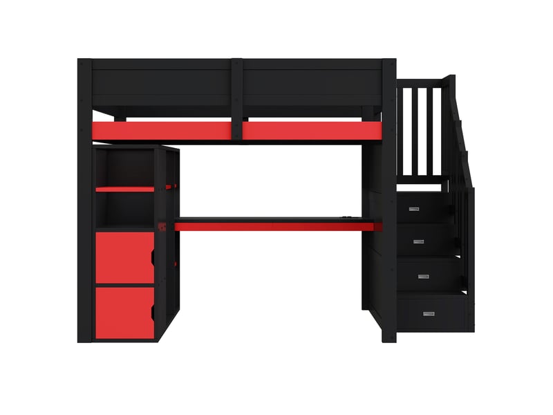  Lit mezzanine enfant en bois pour gamers 140x200 cm, port de recharge usb et escalier noir, lit 1 personne avec bureau éclairage led  - Conforama A