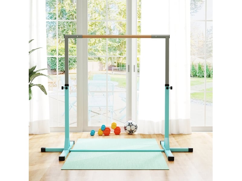 Barre de gymnastique enfant 194x121 cm réglable en hauteur métal et bois cyan - Conforama C