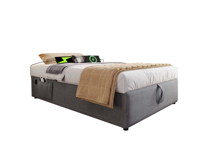  Sommier coffre 90x190cm, gris, avec poches latérales, charge, pour chambre, structure métallique, bois et revêtement coton-lin, sans matelas  - Conforama A