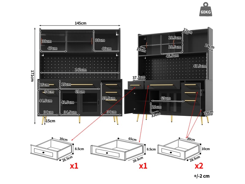  Buffet de cuisine 145x39x171 cm, éclairage éclairage led, avec tiroirs, porte coulissante, meuble de salon, mdf, noir  - Conforama C