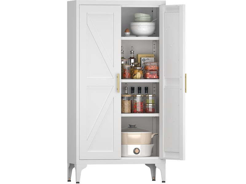  Buffet haut 120x60x30 cm, en métal avec 2 portes et tablettes réglables, style moderne, pour la maison, coloris blanc  - Conforama A