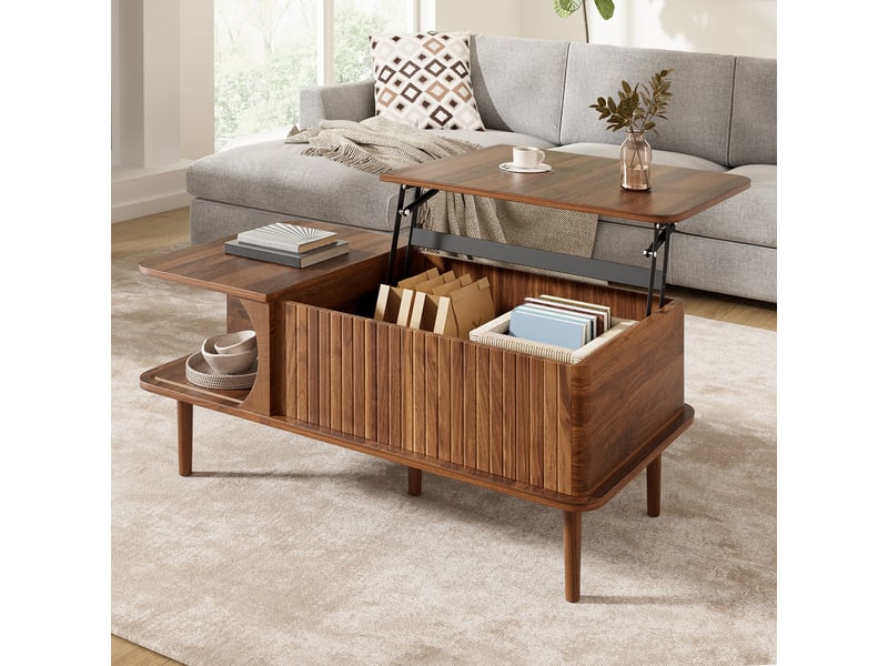 Table basse 100x48x55,5 cm, plateau relevable, grand rangement, porte coulissante, style vintage pour salon et séjour - noyer  - Conforama B